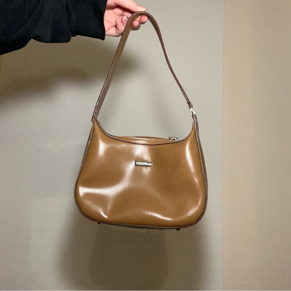 brown mini purse by minicci tan shoulder bag studs on bottom ring on front strap